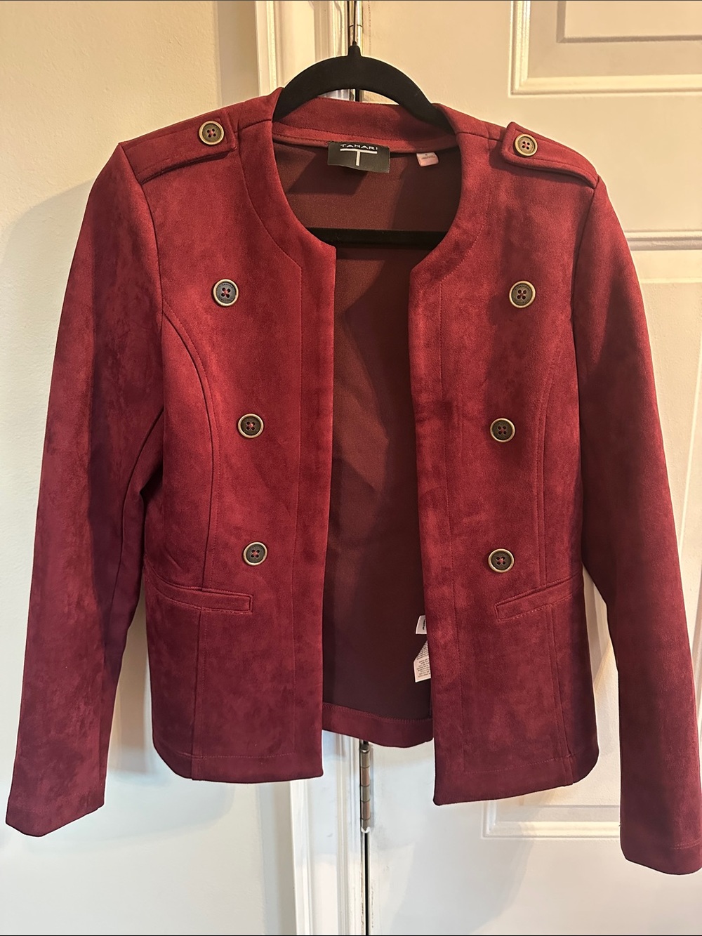 T Tahari Wine Red Collarless Double-Breasted Suede Jacket